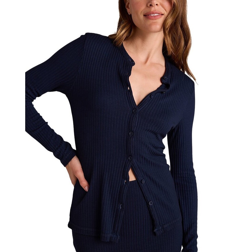 Bella Dahl Ribbed Knit Button‎ Up Long Sleeve Top Navy Blue Size S